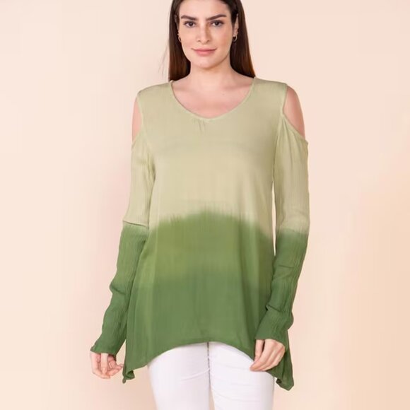 NEW Cold Shoulder Olive Drab Rayon Crepe Ombre Top Size Large - Picture 1 of 3